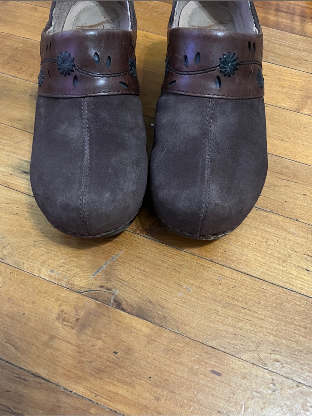 Dansko Brown Suede Clog Mules with Leather Floral Strap